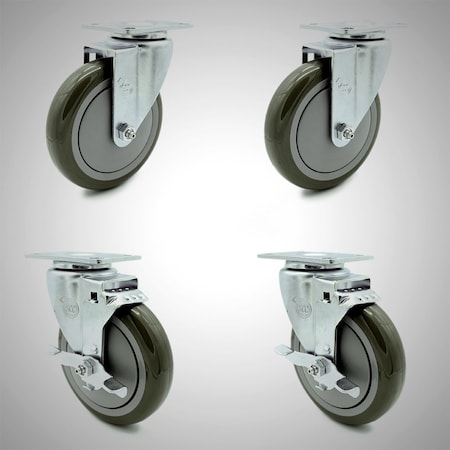 Service Caster 5 Inch SS Gray Polyurethane Swivel Top Plate Caster Set with 2 Brakes SCC SCC-SS20S514-PPUB-2-TLB-2